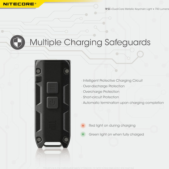 NiteCore Презареждащ се Ключодържател Фенер LED IP54 с Максимална Яркост 700лм Tip SE Черен Черен