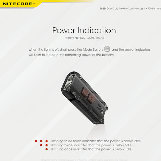 NiteCore Презареждащ се Ключодържател Фенер LED IP54 с Максимална Яркост 700лм Tip SE Черен Черен