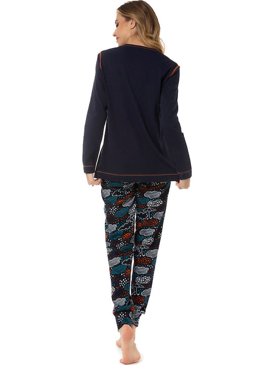 Minerva Winter Women's Pyjama Set Cotton Navy Blue Dance in the Rain