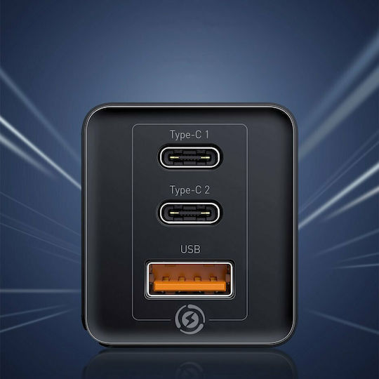 Baseus Wireless GaN Charger with USB-A and 2 USB-C Output Ports 65W Quick Charge 3.0 / Power Delivery Black