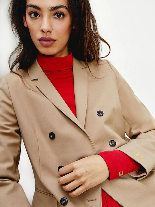 Tommy Hilfiger Μακρύ Γυναικείο Σταυρωτό Σακάκι Μπεζ