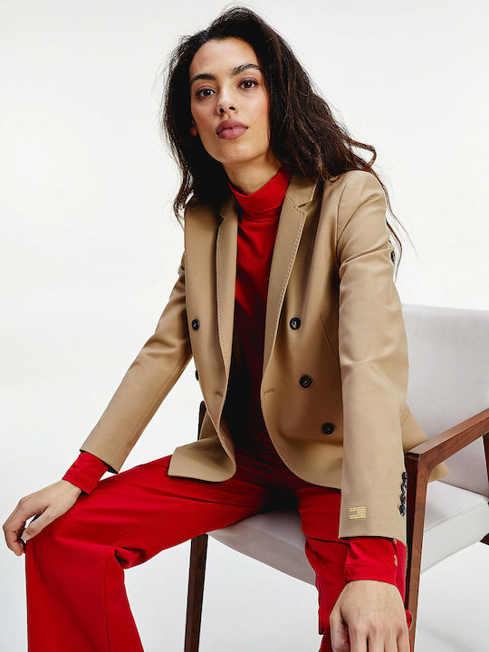 Tommy Hilfiger Μακρύ Γυναικείο Σταυρωτό Σακάκι Μπεζ