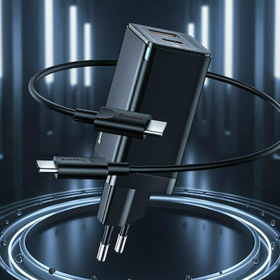 Baseus mit USB-A Anschluss und USB-C Anschluss und Kabel USB-C 45W Stromlieferung / Schnellaufladung 3.0 Schwarz (GaN2)