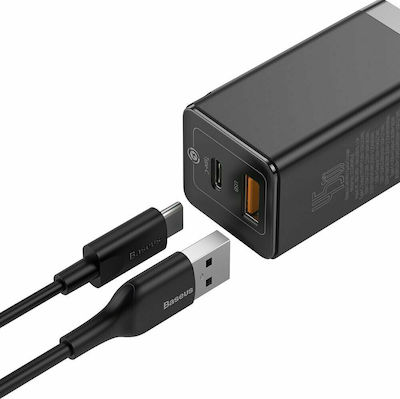 Baseus mit USB-A Anschluss und USB-C Anschluss und Kabel USB-C 45W Stromlieferung / Schnellaufladung 3.0 Schwarz (GaN2)