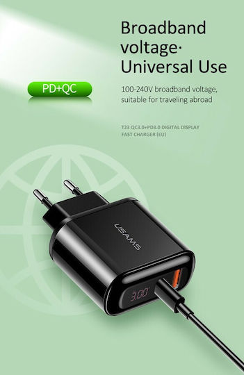 Usams Charger Without Cable with USB-A Port and USB-C Port 18W Blacks (CC085)