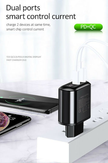Usams Charger Without Cable with USB-A Port and USB-C Port 18W Blacks (CC085)