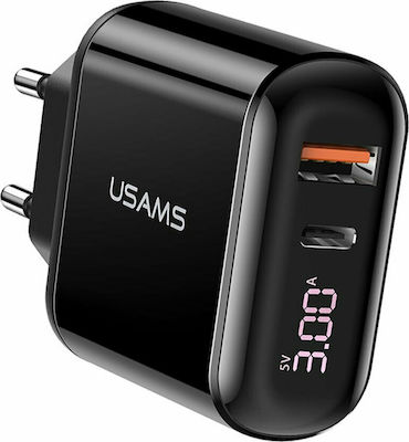 Usams Charger Without Cable with USB-A Port and USB-C Port 18W Blacks (CC085)