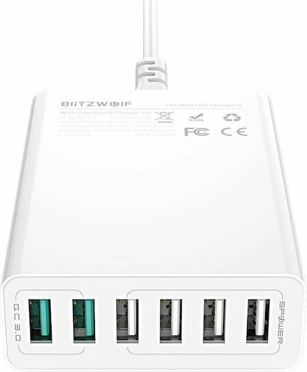 BlitzWolf Ladestation mit 6 USB-A Anschlüsse 60W Schnellaufladung 3.0 in Weiß Farbe (BW-S15)