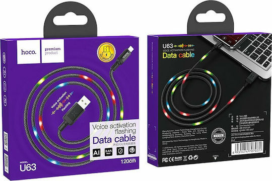 Hoco Braided / LED USB 2.0 to micro USB Cable Μαύρο 1.2m (U63)