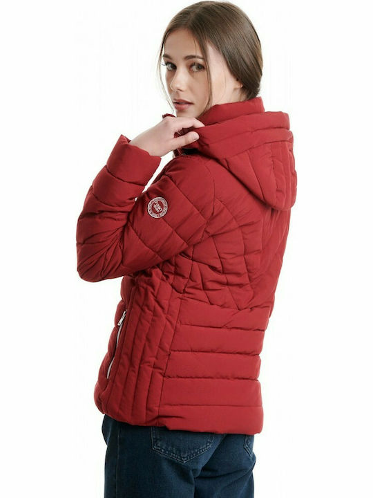 Funky Buddha Women's Short Puffer Jacket for Winter with Hood Red
