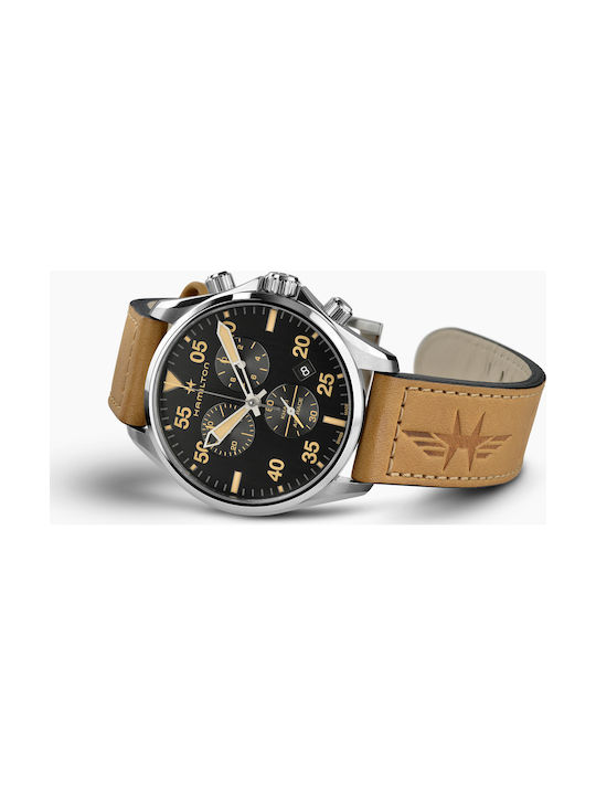 Hamilton Pilot Chronograph Часовник Хронограф Батерия с Кафяв Кожено Каишка