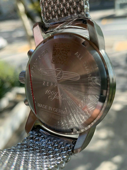 Zeppelin Ανδρικό Ρολόι 43mm Χρονογράφος Μπαταρίας με Ασημί Μεταλλικό Μπρασελέ