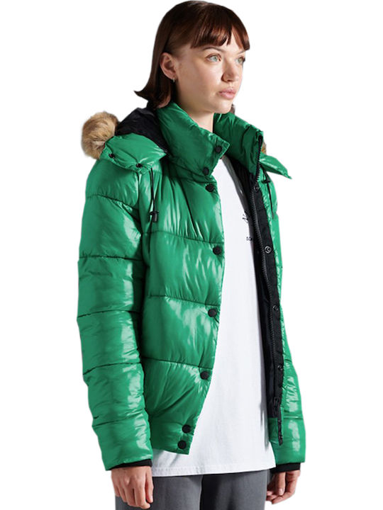 High Shine Toya Κοντό Γυναικείο Puffer Μπουφάν με Γούνινη Κουκούλα για Χειμώνα Πράσινο