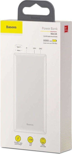 Baseus Mini JA Power Bank 30000mAh 15W με 2 Θύρες USB-A και Θύρα USB-C Λευκό