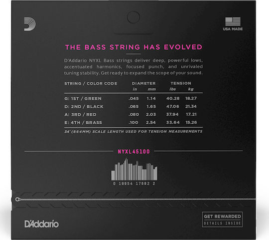 Daddario NYXL Bass 4-String Einstellen Nickel gewickelt Basssaiten 45 - 100" Regular Light/Long Scale