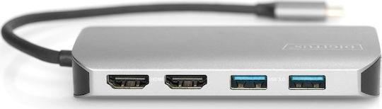 Digitus USB-C Docking Station mit HDMI 4K PD Ethernet und Verbindung 2 Monitore Silber (DA-70884)