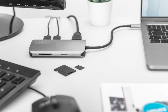 Digitus USB-C Docking Station mit HDMI 4K PD Ethernet und Verbindung 2 Monitore Silber (DA-70884)