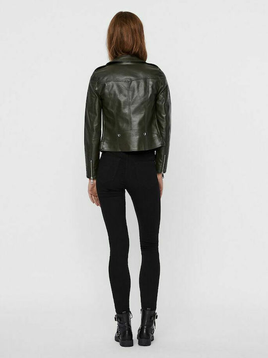 Vero Moda Women's Short Biker Artificial Leather Jacket for Winter Green/Rosin