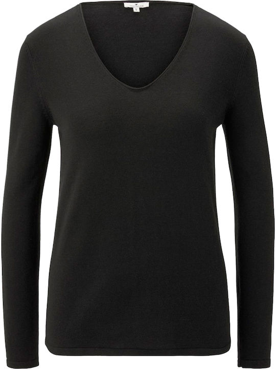 Basic Women's Long Sleeve Sweater Cotton with V Neckline Black