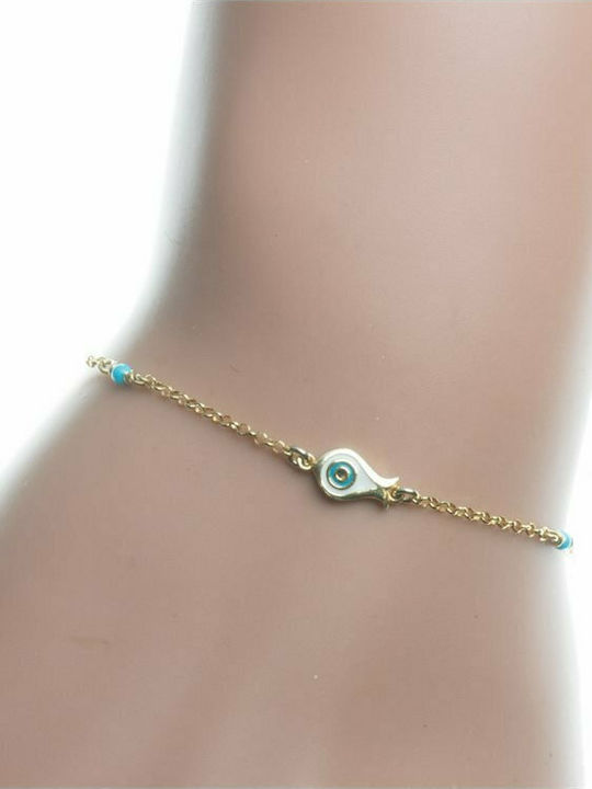 Distinctive bracelet made of gold plated silver with enamel eye and turquoise beads