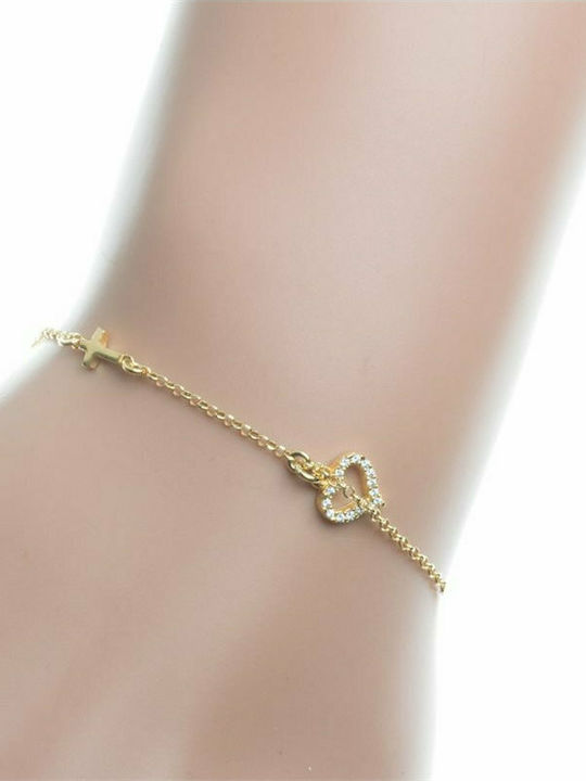 Distinctive gold plated silver bracelet with heart and cubic zirconia stones and cross