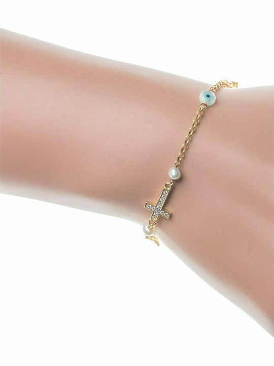 Distinctive bracelet made of gold plated silver with cross and cubic zirconia stones with peephole