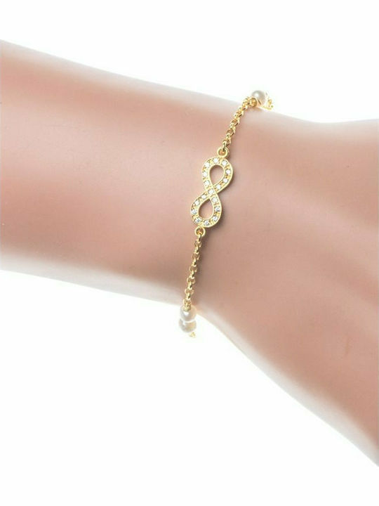 Distinctive bracelet made of gold plated silver with infinity, cubic zirconia and pearls