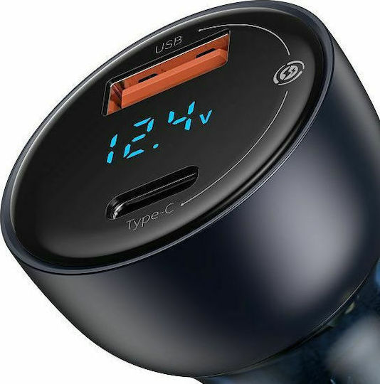 Baseus Auto-Ladegerät 65W 5A Schnellladung mit Anschlüssen: 1xUSB 1xType-C Gray Farbe