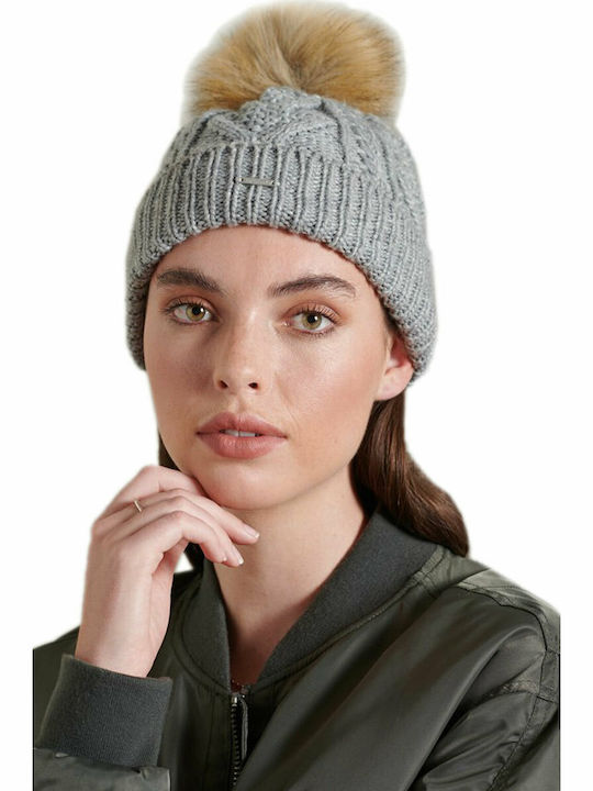 Lannah Pom Pom Beanie Γυναικείος Σκούφος με Πλεξούδες σε Γκρι χρώμα