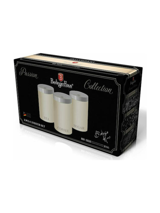 Berlinger Haus Passion Collection Set of 3 Jars for Coffee Sugar Tea with Lid Made of White Stainless Steel 11x11x17.8cm 3 Pieces