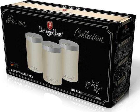 Berlinger Haus Passion Collection Комплект 3 Бройки Вази за Кафе Захар Чай с Капак от Неръждаема Стомана Бял 11x11x17.8см 3 Бройки