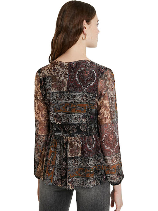 Desigual Katrina Women's Summer Blouse Long Sleeve with V Neckline Floral Brown