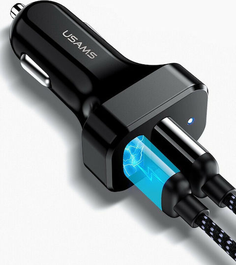 Usams Φορτιστής Αυτοκινήτου C13 10W 2.1A Γρήγορης Φόρτισης με Θύρες: 2xUSB μαζί με Καλώδιο Type-C Μαύρος
