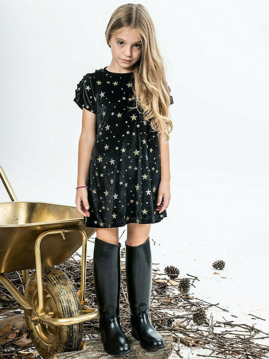 Girls Dress Short Sleeve Velvet Black