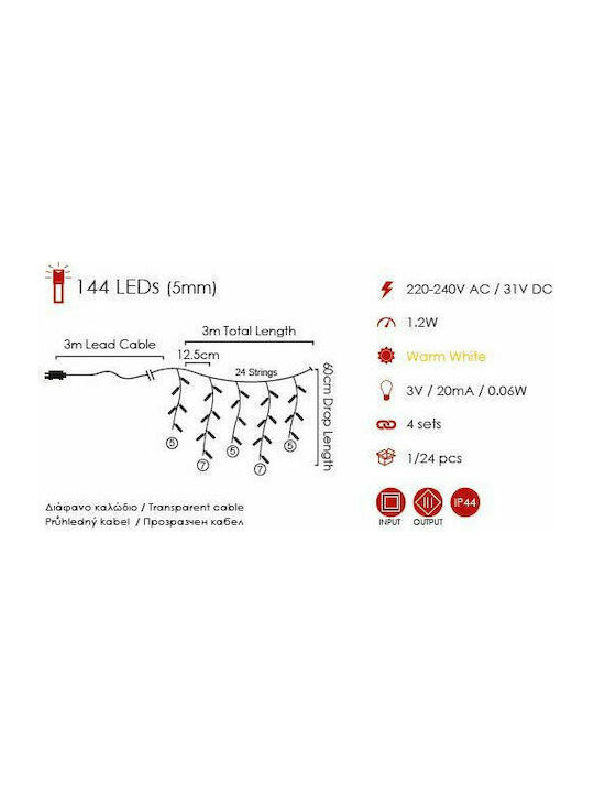 144 Weihnachtslichter LED 3für eine E-Commerce-Website in der Kategorie 'Weihnachtsbeleuchtung'. x 60cm Warmes Weiß Elektrisch vom Typ Regen mit Transparentes Kabel Aca
