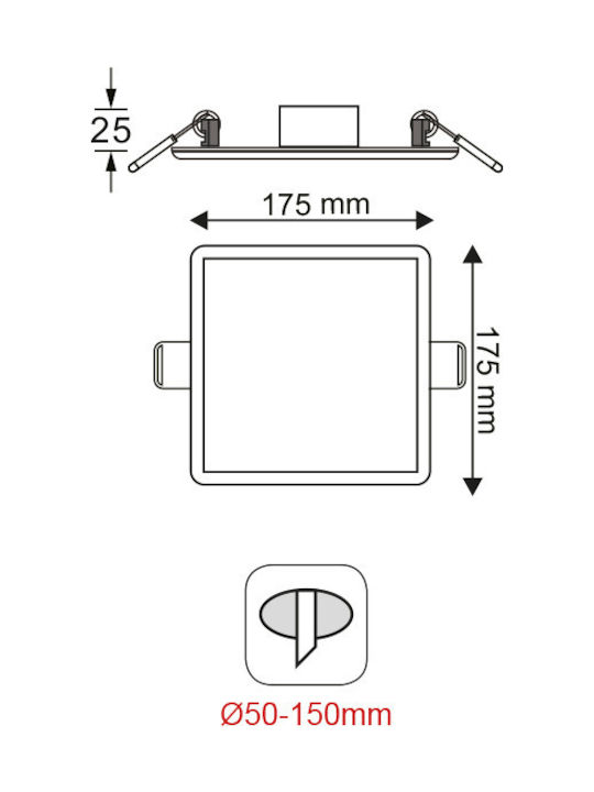 Aca Square Recessed LED Panel 15W with Cool White Light 6000K 17.5x17.5cm