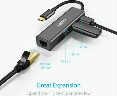 Choetech USB 3.0 Hub 4 Porturi cu conexiune USB-C / Ethernet Gri