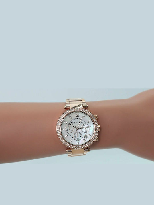 Michael Kors Parker Women's Watch Chronograph with Pink Gold Metal Bracelet