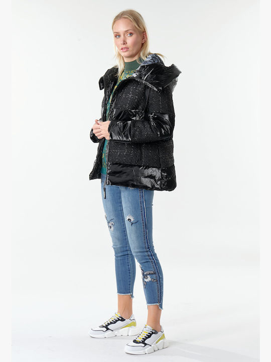 Alfa Women's Short Puffer Jacket for Winter with Hood Black
