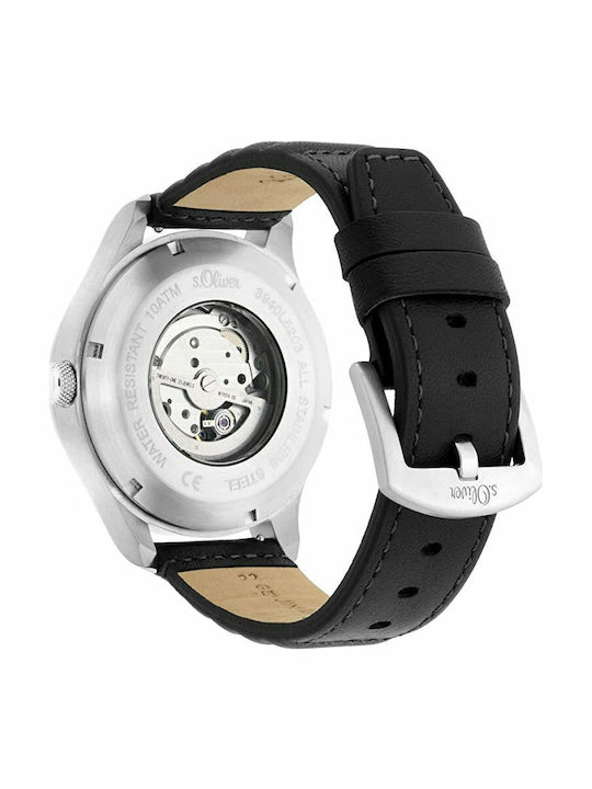 s.Oliver Ανδρικό Ρολόι 48mm Αυτόματο με Μαύρο Δερμάτινο Λουράκι