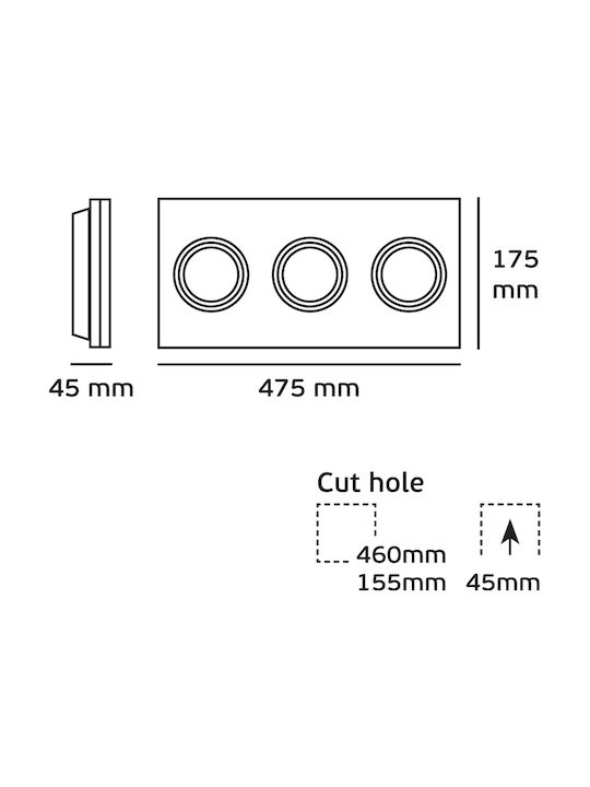 VK Lighting Rechteckig Metallisch Einbau Spot mit Fassung G53 R111 Dreifach verstellbar Weiß 47.5x17.5cm. 1Stück