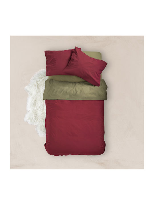 Borea Solid Line Super Double Cotton Duvet Cover 220x240 Μπορντώ-Χακί