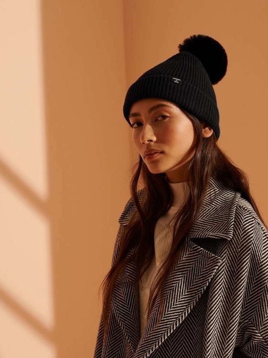 Heritage Ribbed Pom Pom Beanie Γυναικείος Σκούφος Πλεκτός σε Μαύρο χρώμα