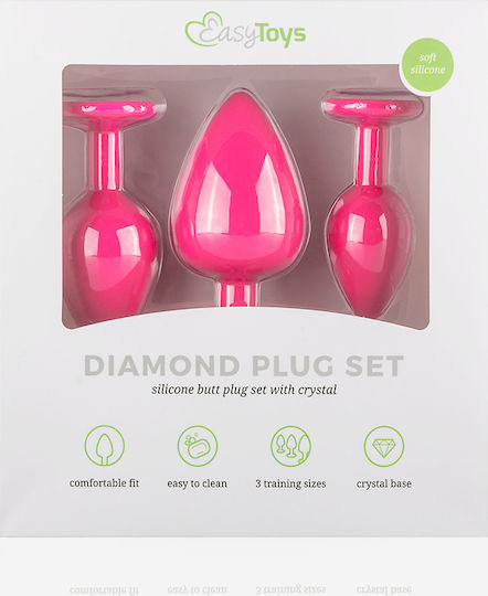 Easytoys Silicone Buttplug Set with Diamond Πρωκτικές Σφήνες Σετ Pink 7cm 3τμχ