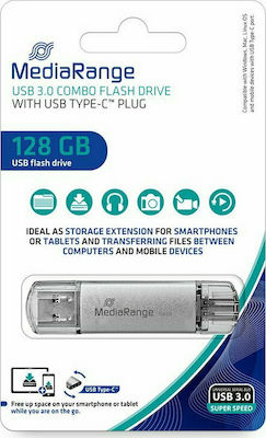 MediaRange 128GB USB 3.1 Stick με σύνδεση USB-A & USB-C Ασημί