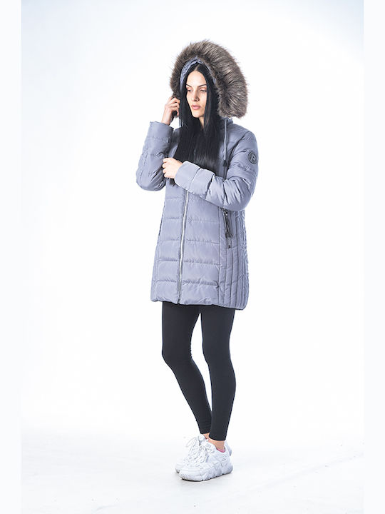 204603 Lang Damen Puffer Jacke mit pelziger Kapuze für Winter Gray