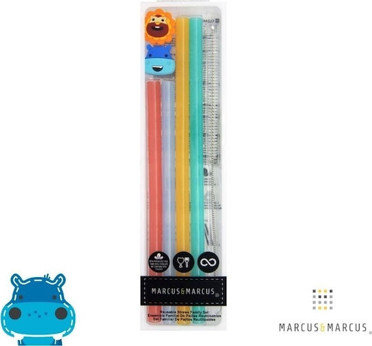 Marcus & Marcus Silicone Baby Replacement Straw Family with animals & Cleaning Brush 4pcs Multicolour