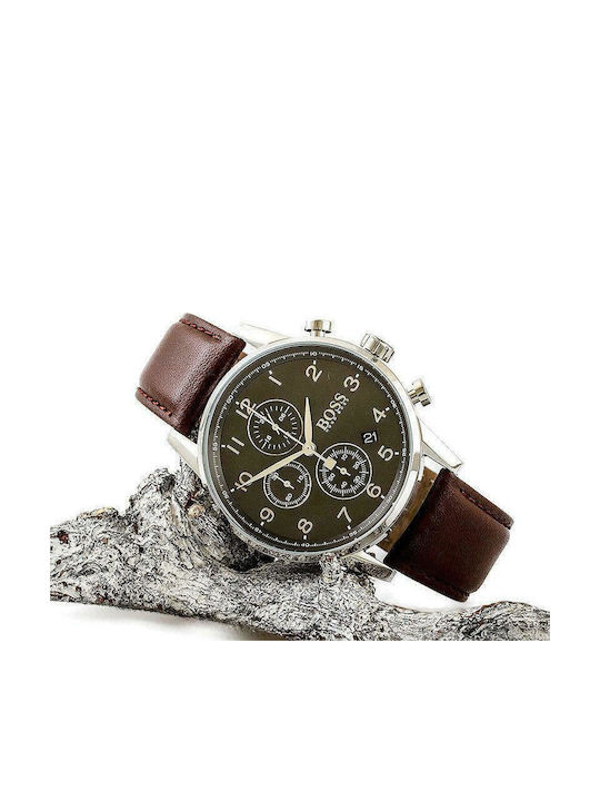 Boss Navigator Herrenuhr 44mm Chronograph Batterie mit Braun Lederarmband