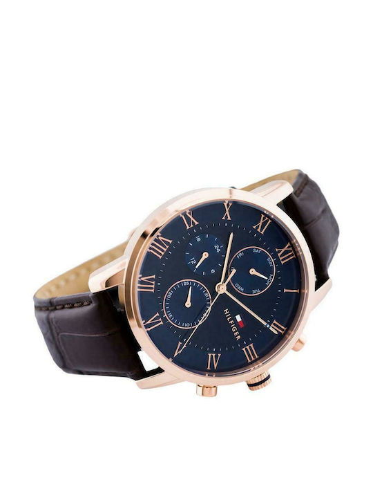 Tommy Hilfiger Kane Ανδρικό Ρολόι 44mm Χρονογράφος Μπαταρίας με Καφέ Δερμάτινο Λουράκι