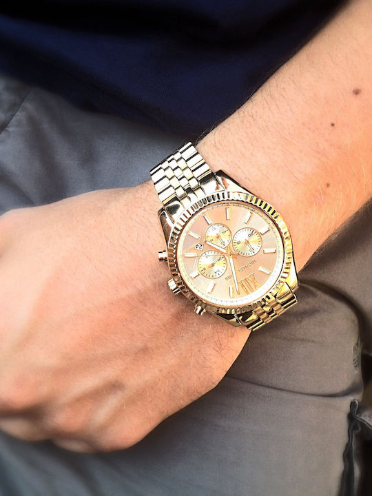Michael Kors Lexington Ανδρικό Ρολόι 45mm Χρονογράφος Μπαταρίας με Χρυσό Μεταλλικό Μπρασελέ